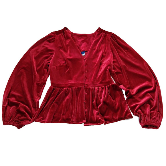 Old Navy Waist Defined Velvet Peplum Top Size S NWT Puff Sleeve Pink Stretch - Picture 2 of 8